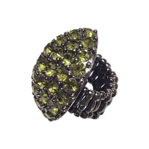 Vintage Citron Green Dome Stretch Ring, Metallic Graphite Black Stretch Band - Picture 3 of 5